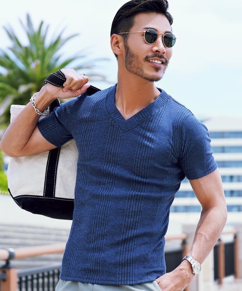 jiggys shop（ジギーズショップ）の「Ｖネックテレコ半袖Ｔシャツ カットソー（Tシャツ/カットソー・メンズ・ブラック/杢グレー/ブルー系その他2/レッド系その他/ブラック系その他/ホワイト・X-LARGE/MEDIUM/LARGE）」の5枚目の写真