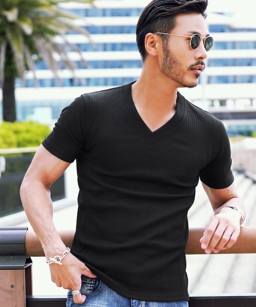 jiggys shop（ジギーズショップ）の「Ｖネックテレコ半袖Ｔシャツ カットソー（Tシャツ/カットソー・メンズ・ブラック/杢グレー/ブルー系その他2/レッド系その他/ブラック系その他/ホワイト・X-LARGE/MEDIUM/LARGE）」の3枚目の写真