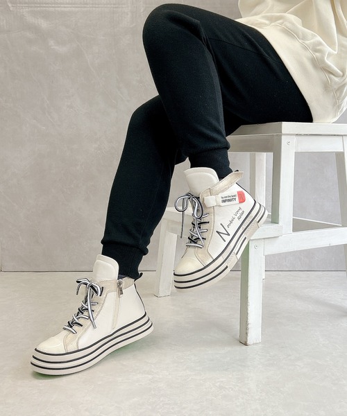 厚底 ジップアップ ラベル スニーカー（スニーカー）｜Noubel Voug