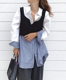 Q | ストライプドッキングシャツ(シャツ/ブラウス)