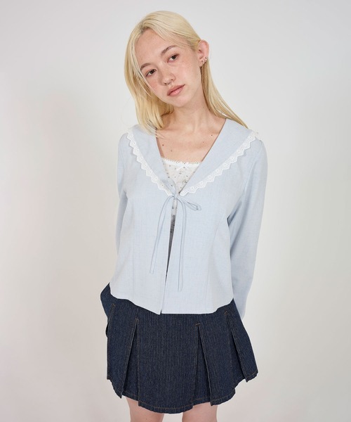 TINA：JOJUN（ティーナジョジュン）の「ショールカラー ブラウス TINA：JOJUN（シャツ/ブラウス・レディース・サックスブルー/ホワイト・M）」の2枚目の写真