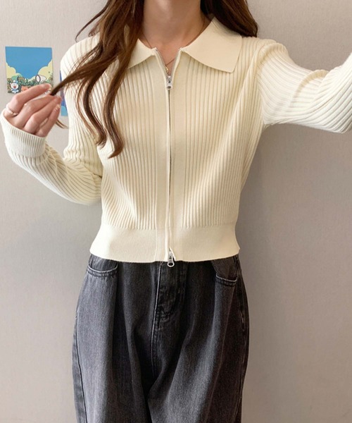 Doula Doula(ドゥーラドゥーラ)の「ダブルジップ襟付きリブニットカーディガン(カーディガン/ボレロ・レディース・アイボリー/ブラック・FREE)」の19枚目の写真