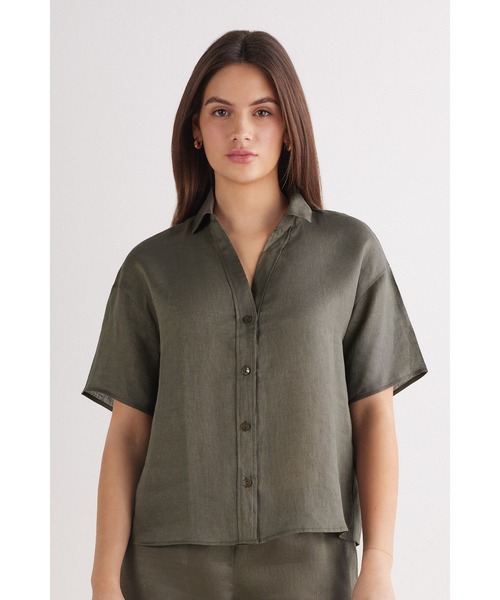 Intimissimi(インティミッシミ)の「The Pure Linen リネンファブリック ショートスリーブ シャツ(Tシャツ/カットソー・レディース・ホワイト/サンドベージュ/インディゴブルー/スカイブルー/カーキ/ピンクベージュ・M/S/L)」の3枚目の写真