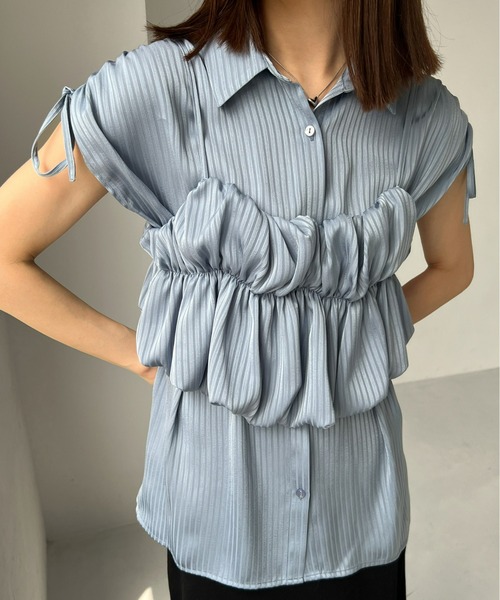 Olu.（オルドット）の「ストライプバルーンビスチェセット（シャツ/ブラウス・レディース・ブルー/ピンクベージュ・FREE）」の2枚目の写真