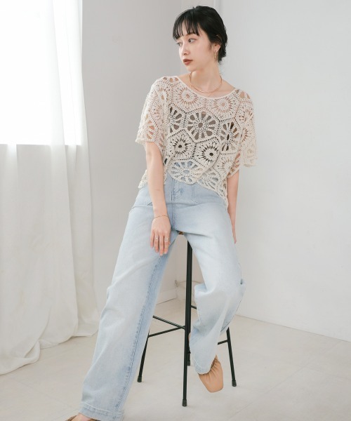 Bab（バブ）の「クロシェ編みハーフスリーブトップス（Tシャツ/カットソー・レディース・オフホワイト/ベージュ・FREE）」の16枚目の写真