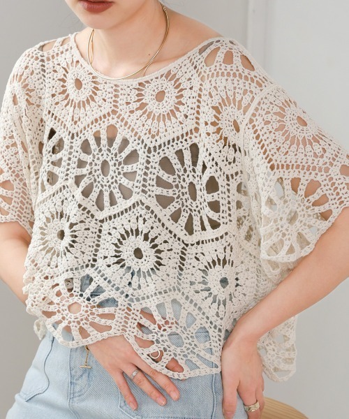 Bab（バブ）の「クロシェ編みハーフスリーブトップス（Tシャツ/カットソー・レディース・オフホワイト/ベージュ・FREE）」の17枚目の写真