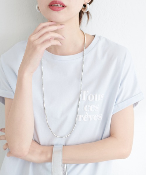 natural couture(ナチュラルクチュール)の「オーガニックコットンフレンチスリーブロゴT(Tシャツ/カットソー・レディース・ピンク/スミクロ/サックスブルー/オフホワイト・FREE)」の1枚目の写真