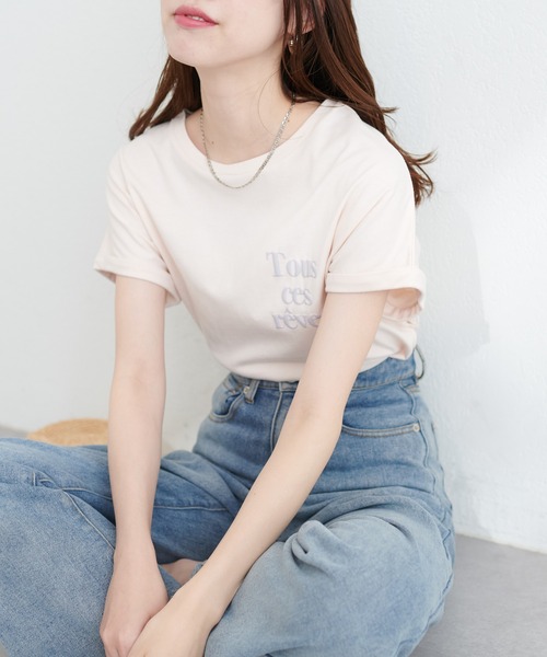 natural couture(ナチュラルクチュール)の「オーガニックコットンフレンチスリーブロゴT(Tシャツ/カットソー・レディース・ピンク/スミクロ/サックスブルー/オフホワイト・FREE)」の4枚目の写真