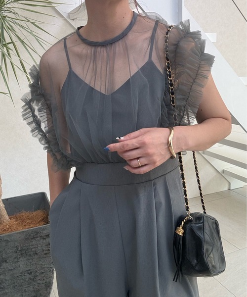 y/m by misato（イムバイミサト）の「チュール×クレープドッキングオールインワン（つなぎ/オールインワン・レディース・ブラック/グレー・FREE）」の13枚目の写真