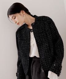 VIS | ライダースディテールツィードジャケット(ノーカラージャケット)