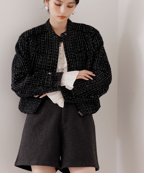 VIS（ビス）の「ライダースディテールツイードジャケット（ノーカラージャケット・レディース・ブラック系その他/ベージュ系その他・FREE）」の8枚目の写真