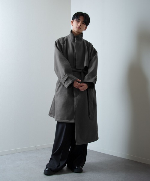セール】スタンドカラー配色 アシンメトリー トレンチコート