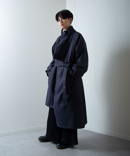 セール】スタンドカラー配色 アシンメトリー トレンチコート