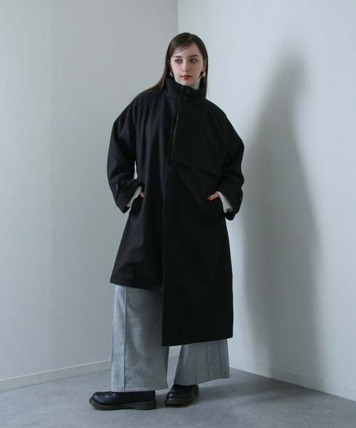 セール】スタンドカラー配色 アシンメトリー トレンチコート