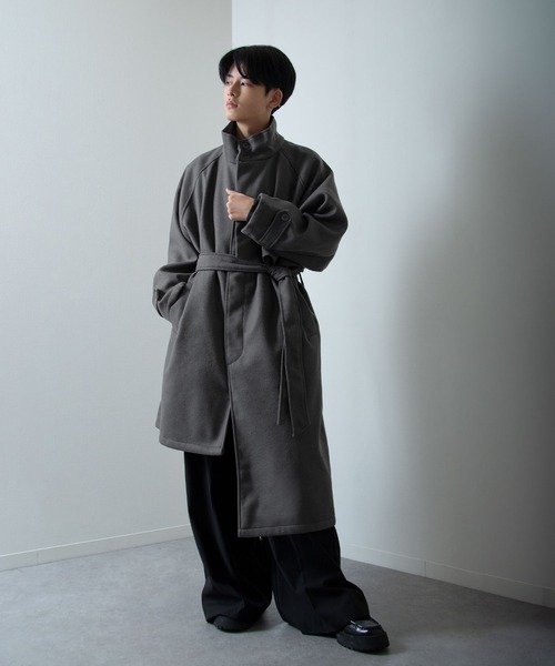 セール】スタンドカラー配色 アシンメトリー トレンチコート