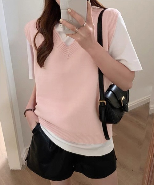 Miniministore(ミニミニストア)の「ニットベスト Vネック 重ね着 春秋冬(ベスト・レディース・ベージュ/ピンク/グレー/アイボリー/ブラック/ライトベージュ・FREE)」の6枚目の写真
