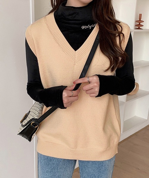 Miniministore(ミニミニストア)の「ニットベスト Vネック 重ね着 春秋冬(ベスト・レディース・ベージュ/ピンク/グレー/アイボリー/ブラック/ライトベージュ・FREE)」の5枚目の写真