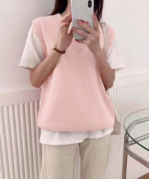 Miniministore(ミニミニストア)の「ニットベスト Vネック 重ね着 春秋冬(ベスト・レディース・ベージュ/ピンク/グレー/アイボリー/ブラック/ライトベージュ・FREE)」の12枚目の写真