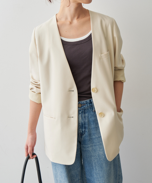 spick＆span パウダーツイルノーカラージャケット　グレー　38 パウダーツイルノーカラージャケット（テーラードジャケット