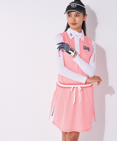 FILA GOLF(フィラゴルフ )の「チェック柄ノースリーブワンピース(ショート丈インナーシャツセット)(ワンピース・レディース・レッド/ネイビー・MEDIUM/LARGE/X-LARGE)」の1枚目の写真