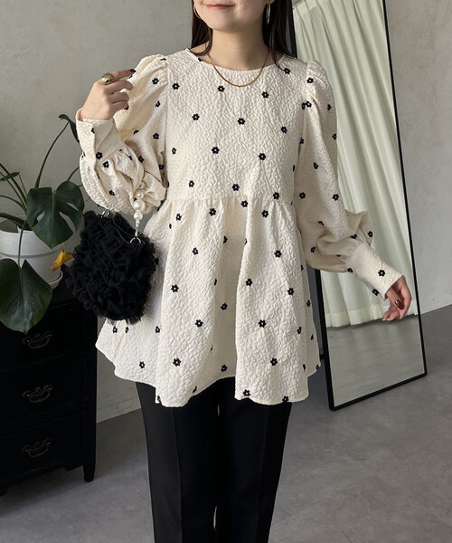 花刺繍 ペプラム 七分袖パフスリーブカットソー レトロ ヴィンテージ