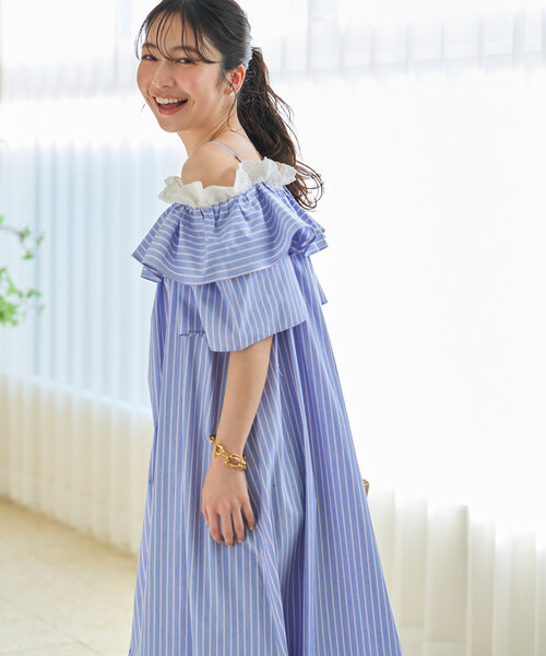 未使用 レースワンピース オフショル ストライプ セール】【大人ガーリー】ストライプオフショルワンピース