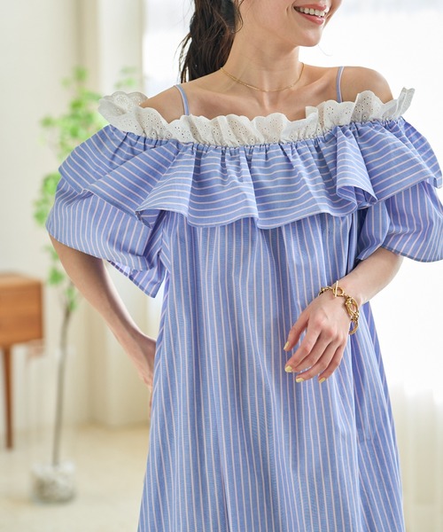 セール】【大人ガーリー】ストライプオフショルワンピース