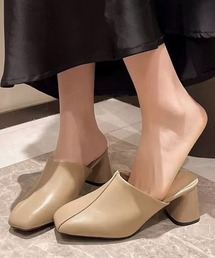 ミュールパンプス 太ヒール靴スクエアトゥ