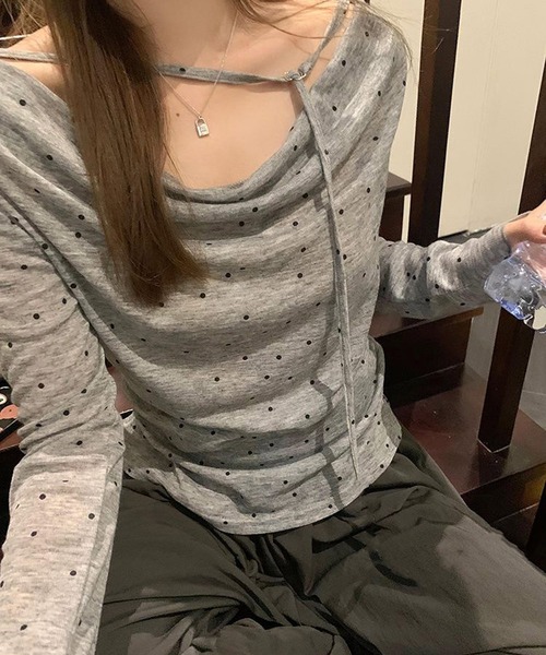 HALEY PESCA(ヘーリーペスカ)の「HALEY PESCA/チョーカーリボン ボートネック ドット柄トップス(Tシャツ/カットソー・レディース・グレー/アイボリー・FREE)」の5枚目の写真