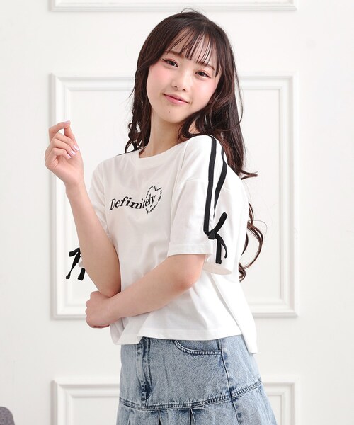 PINK-latte（ピンクラテ）の「袖ラインリボンTシャツ（Tシャツ/カットソー・キッズ・ライトパープル/オフホワイト/ブラック・16/15 /14/13）」の21枚目の写真