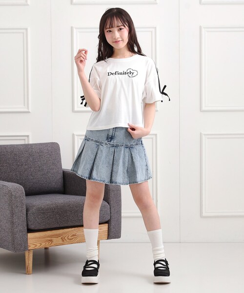 PINK-latte（ピンクラテ）の「袖ラインリボンTシャツ（Tシャツ/カットソー・キッズ・ライトパープル/オフホワイト/ブラック・16/15 /14/13）」の13枚目の写真