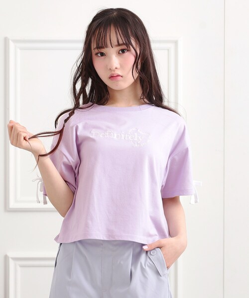 PINK-latte（ピンクラテ）の「袖ラインリボンTシャツ（Tシャツ/カットソー・キッズ・ライトパープル/オフホワイト/ブラック・16/15 /14/13）」の11枚目の写真