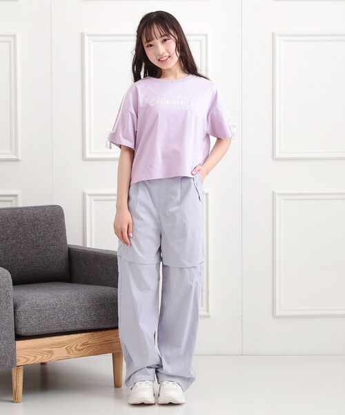 PINK-latte（ピンクラテ）の「袖ラインリボンTシャツ（Tシャツ/カットソー・キッズ・ライトパープル/オフホワイト/ブラック・16/15 /14/13）」の10枚目の写真