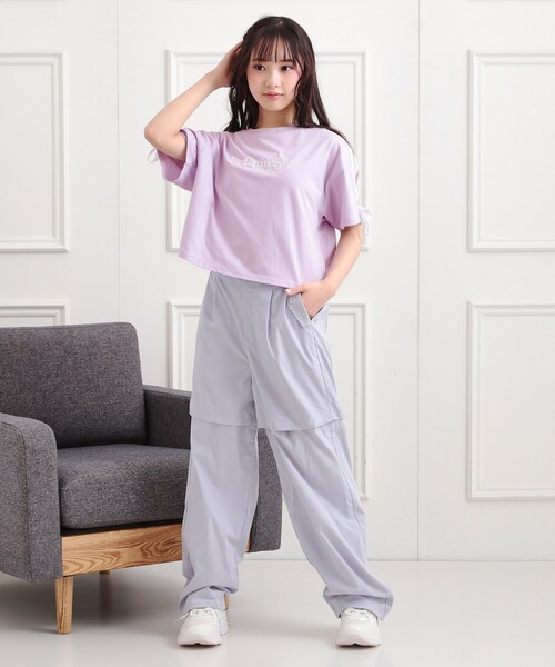 PINK-latte（ピンクラテ）の「袖ラインリボンTシャツ（Tシャツ/カットソー・キッズ・ライトパープル/オフホワイト/ブラック・16/15 /14/13）」の9枚目の写真