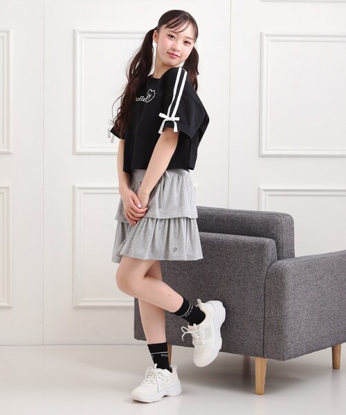 PINK-latte（ピンクラテ）の「袖ラインリボンTシャツ（Tシャツ/カットソー・キッズ・ライトパープル/オフホワイト/ブラック・16/15 /14/13）」の5枚目の写真