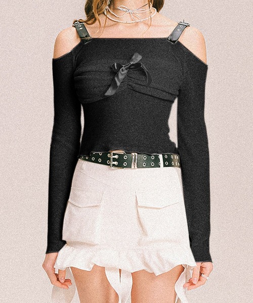 HOOK(フック)の「【HOOK】for girls サスペンダーデザイン×フロントリボントップス(Tシャツ/カットソー・レディース・ホワイト/ブラック・MEDIUM/LARGE)」の2枚目の写真