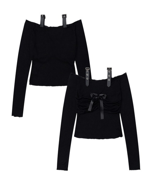 HOOK(フック)の「【HOOK】for girls サスペンダーデザイン×フロントリボントップス(Tシャツ/カットソー・レディース・ホワイト/ブラック・MEDIUM/LARGE)」の14枚目の写真