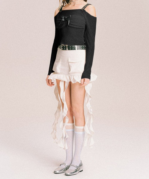 HOOK(フック)の「【HOOK】for girls サスペンダーデザイン×フロントリボントップス(Tシャツ/カットソー・レディース・ホワイト/ブラック・MEDIUM/LARGE)」の7枚目の写真