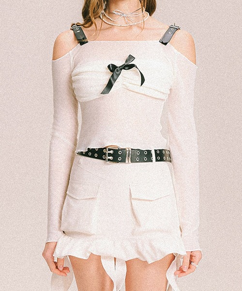 HOOK(フック)の「【HOOK】for girls サスペンダーデザイン×フロントリボントップス(Tシャツ/カットソー・レディース・ホワイト/ブラック・MEDIUM/LARGE)」の6枚目の写真