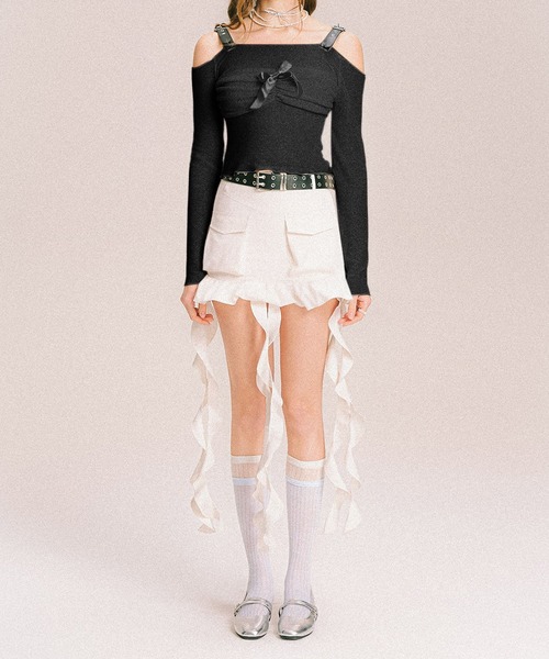 HOOK(フック)の「【HOOK】for girls サスペンダーデザイン×フロントリボントップス(Tシャツ/カットソー・レディース・ホワイト/ブラック・MEDIUM/LARGE)」の8枚目の写真