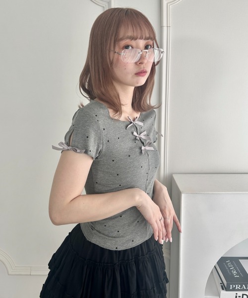 Loueme(ルエム)の「ドットメロウリボントップス(Tシャツ/カットソー・レディース・グレー/アイボリー・FREE)」の10枚目の写真