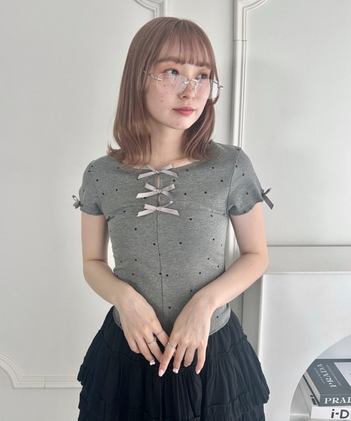 Loueme(ルエム)の「ドットメロウリボントップス(Tシャツ/カットソー・レディース・グレー/アイボリー・FREE)」の9枚目の写真