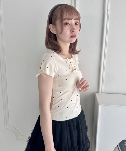 Loueme(ルエム)の「ドットメロウリボントップス(Tシャツ/カットソー・レディース・グレー/アイボリー・FREE)」の15枚目の写真