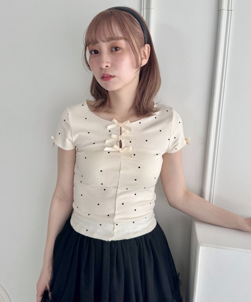 Loueme(ルエム)の「ドットメロウリボントップス(Tシャツ/カットソー・レディース・グレー/アイボリー・FREE)」の14枚目の写真