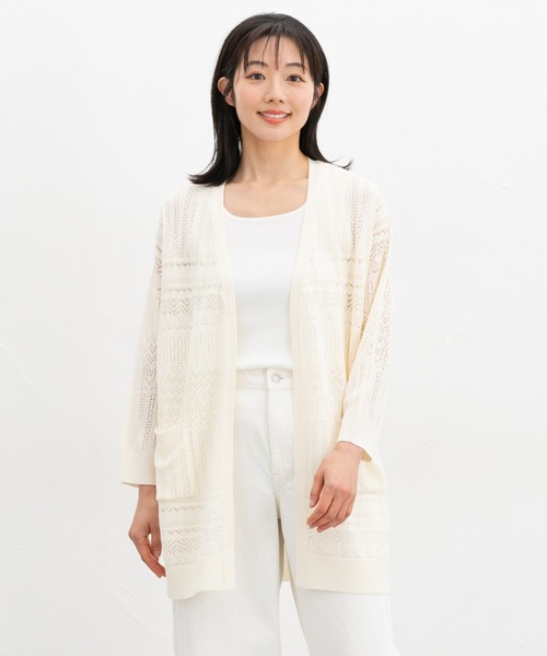 Honeys(ハニーズ)の「【ウォッシャブル】8分袖透かし編トッパー(カーディガン/ボレロ・レディース・アイボリー/グリーン/グレイッシュブルー/チャコール/ベージュ/ブラック・LL/M/L)」の9枚目の写真