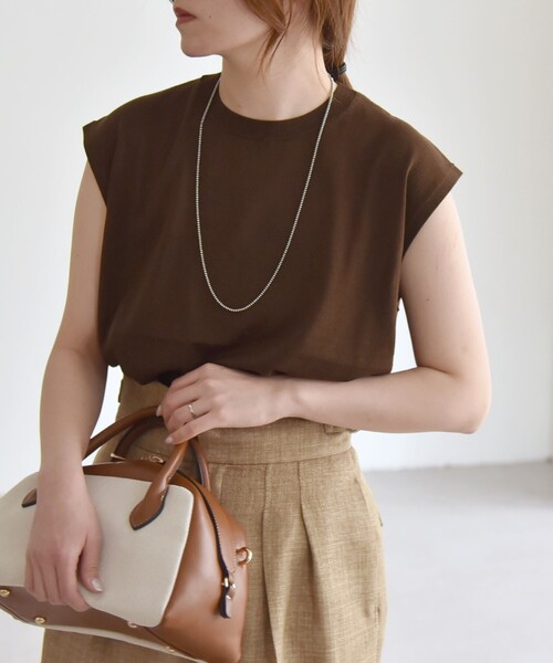 quaranciel(カランシエル)の「quaranciel:〈接触冷感/手洗い可能〉フレンチスリーブ ベーシック シアー ニット プルオーバー(ニット/セーター・レディース・ブラック/ホワイト/ブラウン・ONE SIZE)」の9枚目の写真