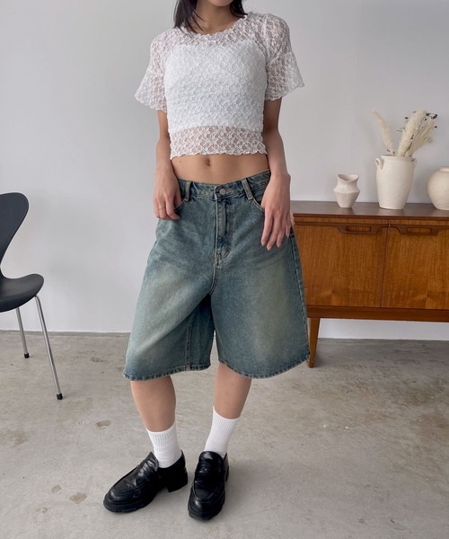 FOLLOWIN（フォロウィン）の「【サイズが選べるハーフパンツ】【 2color ／ ３size】ヴィンテージライクベーシックハーフデニムパンツ（デニムパンツ・レディース・ブルー系その他/ブルー・MEDIUM/SMALL/LARGE）」の3枚目の写真