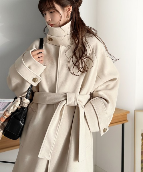 classicalelf（クラシカルエルフ）の「包み込まれる温かさ。衿2way比翼スタンドウール調ステンカラーコート（ロング丈）（ステンカラーコート・レディース・アイボリー/ブラック/ブラウン・X-LARGE/LARGE/MEDIUM/SMALL）」の2枚目の写真