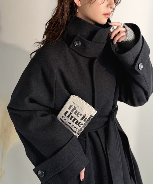 セール】包み込まれる温かさ。衿2way比翼スタンドウール調ステンカラー