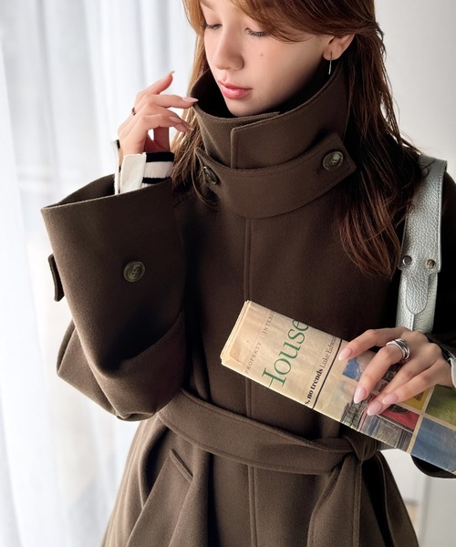 classicalelf（クラシカルエルフ）の「包み込まれる温かさ。衿2way比翼スタンドウール調ステンカラーコート（ロング丈）（ステンカラーコート・レディース・アイボリー/ブラック/ブラウン・X-LARGE/LARGE/MEDIUM/SMALL）」の15枚目の写真